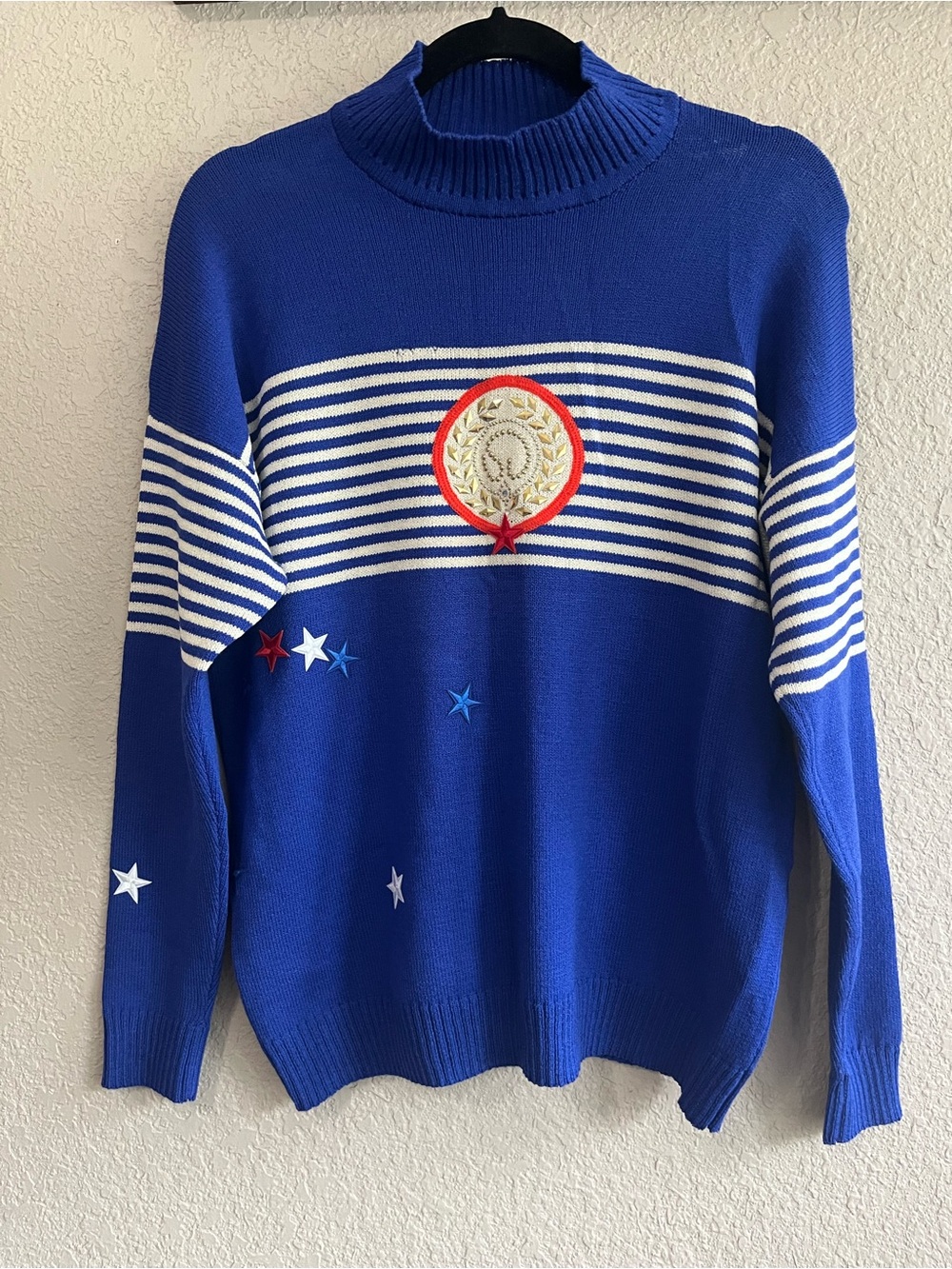 Vintage St. John Separates Blue Striped Star Knit Sweater Mock Neck Small